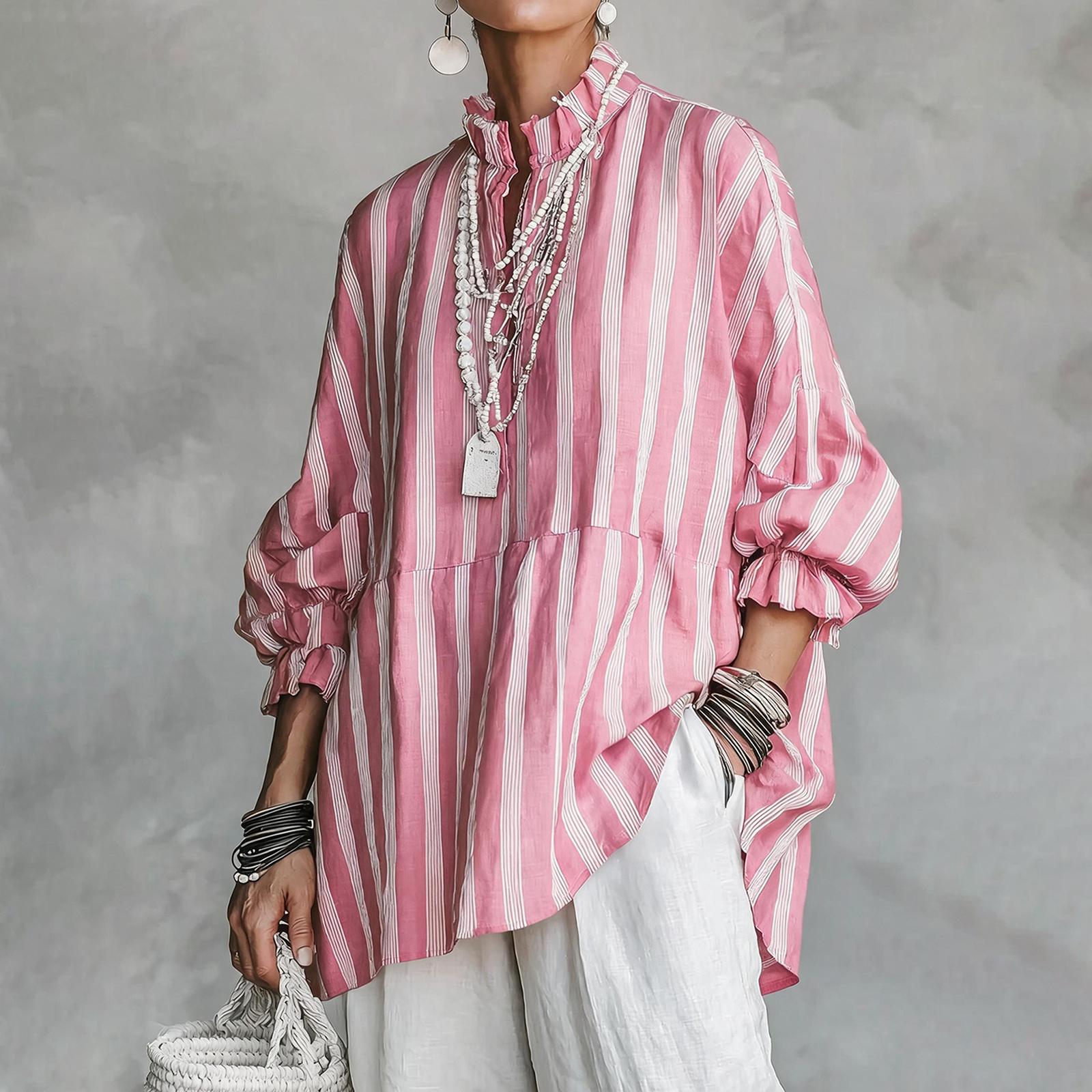 Women s Striped Long Sleeve Casual Button Down Shirt Blouse Top XXL