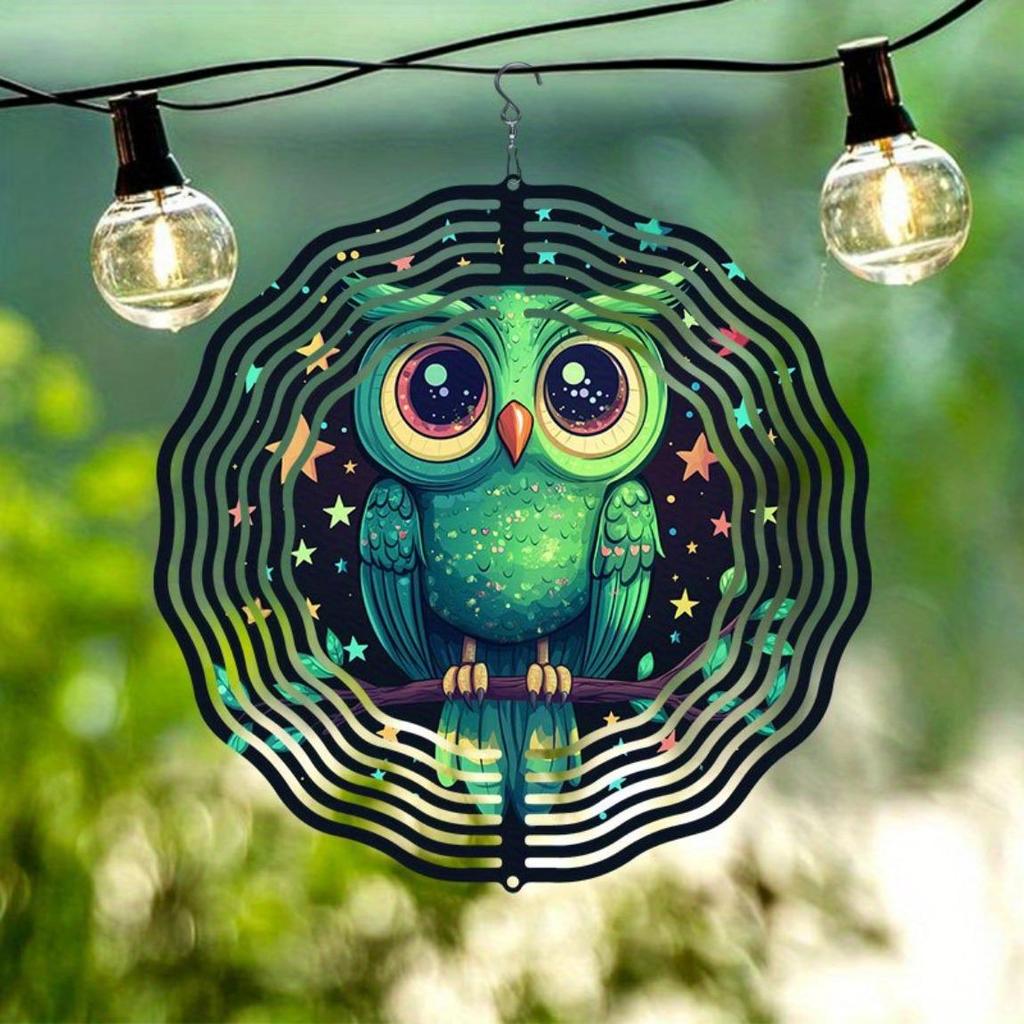 Starry Sky Owl Wind Chime Outdoor Garden Decor Metal Wind Powered Rotating Hanging Ornament with 360 Swivel Hook Easy Install No Electricity Needed
