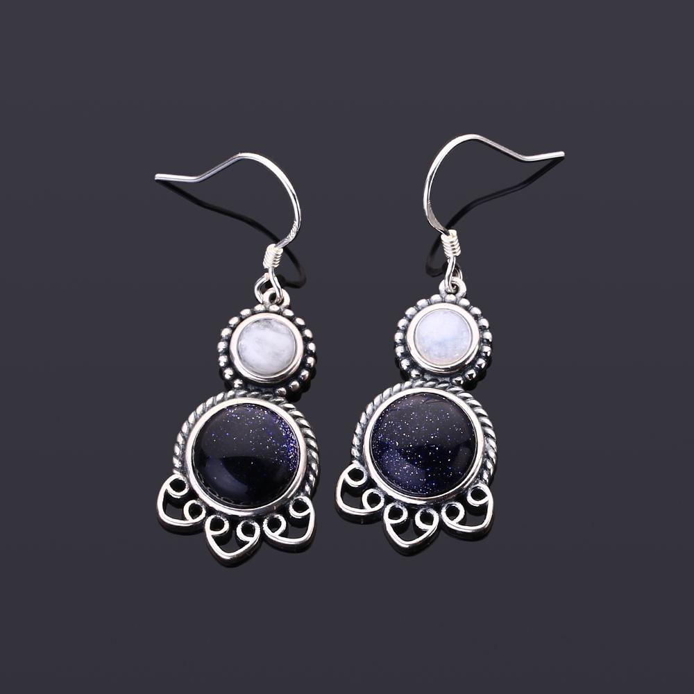 Vintage Ohrringe Silber Oval 9MM Natürlicher Mondstein Blauer Sandstein Ohrring Retro Niedliche Katze Party Ohrschmuck für Frauen Geschenk