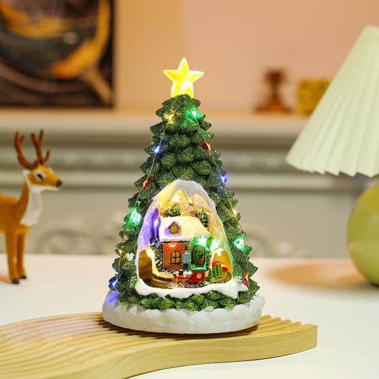 Sat de Crăciun cu Brad, Figurine Luminoase cu Trenul lui Moș Crăciun care se învârte, Cântă 8 Colinde, Decor Scenă de Iarnă Pictat Manual, Cadou pentru Prieteni