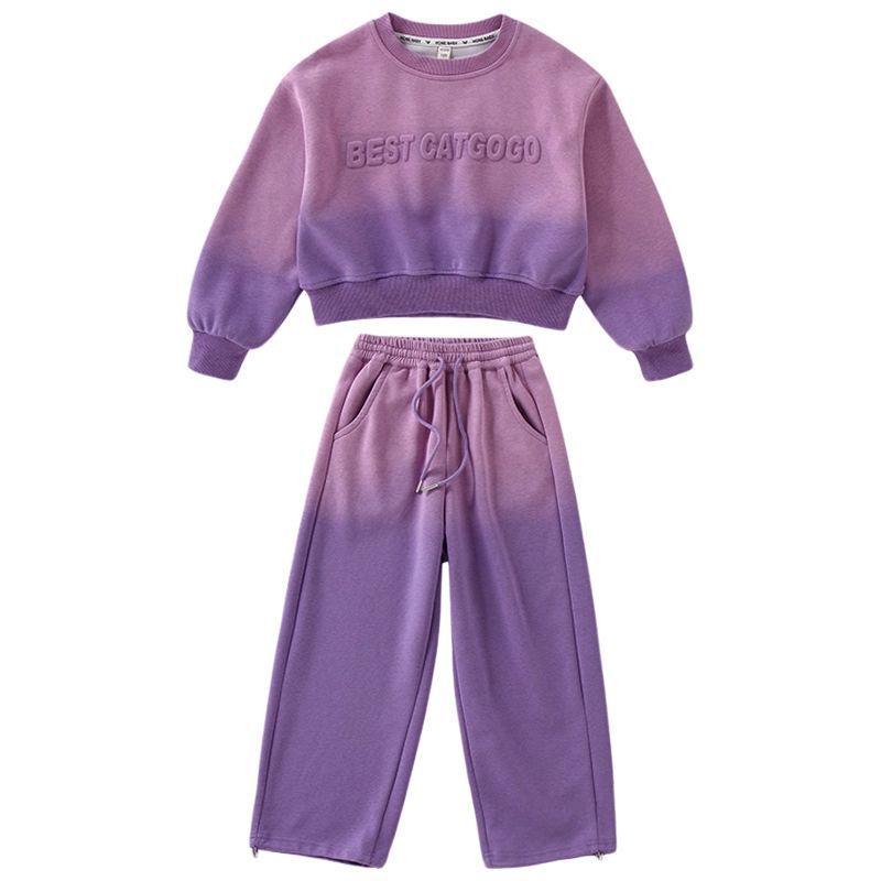 Lila Farbverlauf Hoodie und Jogginghose Set für Mädchen - Stylischer Frühjahrs-/Herbst-Freizeitanzug 2026