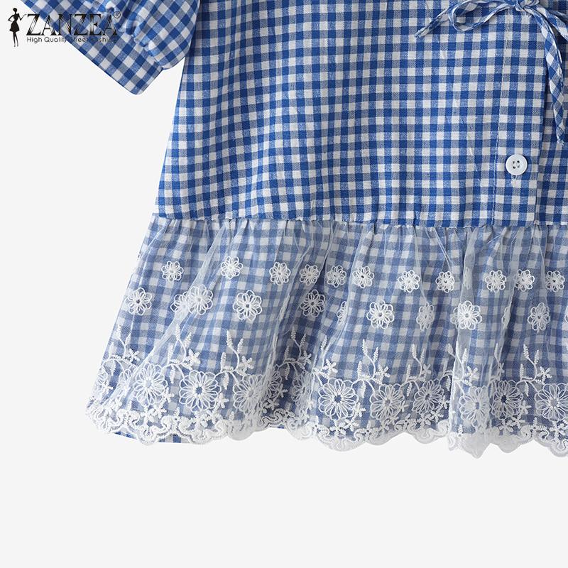 ZANZEA Women Summer Round Neck Lace Patchwork Plaid Casual Ruffled Blouse