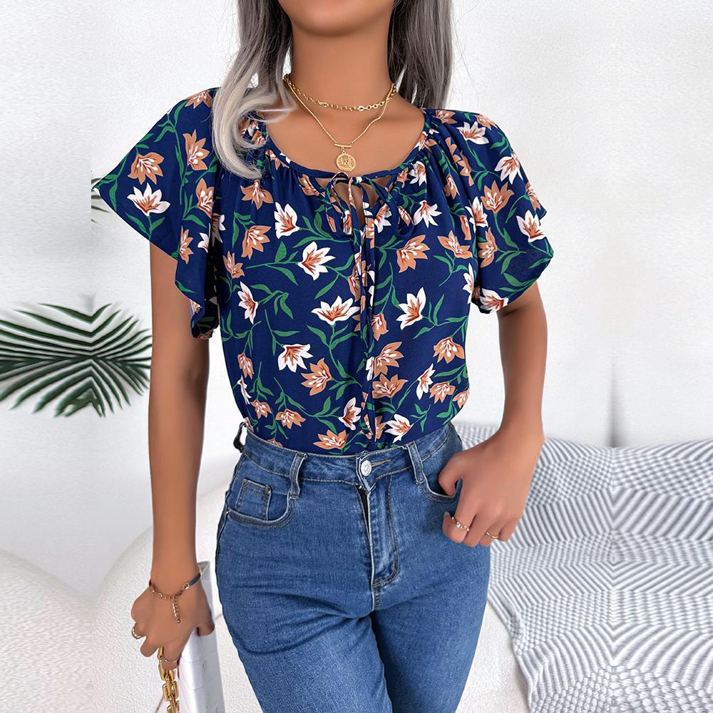 Frauen Frühling Sommer Lose Rüschen Spitze Up Chiffon Top Für Damen O Neck Fliegende Ärmel Floral Blusen