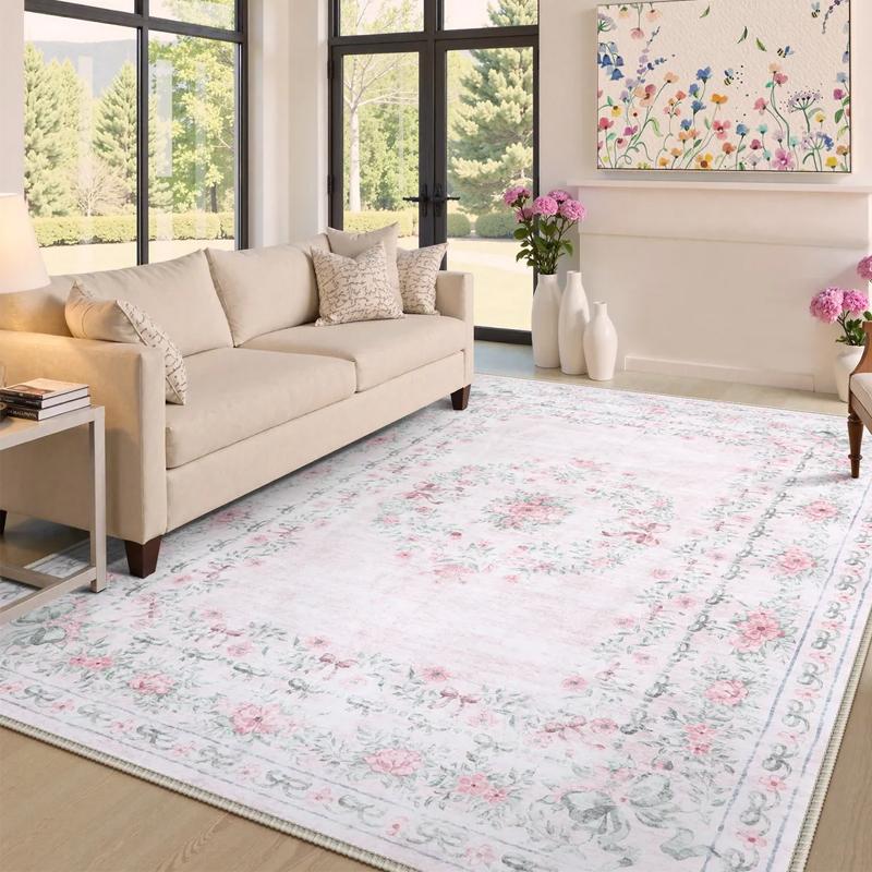 Living Room Carpet Large Area Machine Washable Vintage Traditional Floral Beige Rug for Bedroom Bedside Floor Mats Alfombra