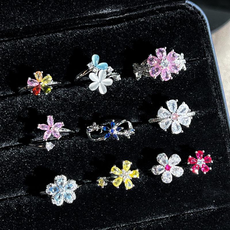 Colorful Zircon Flowers Exquisite Binning Flowers Small Building Sweet Opening Ring Women's Hot Sale High-end Light Luxury Versatile Ring