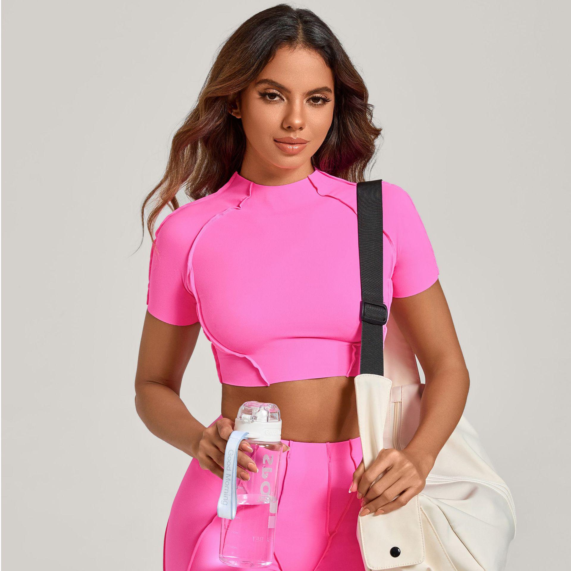

3D Patchwork Slimming Yoga Top for Women: Short-Sleeved, No Chest Pads, High Elasticity, Lightweight, Ideal for Sports and Fitness Large
