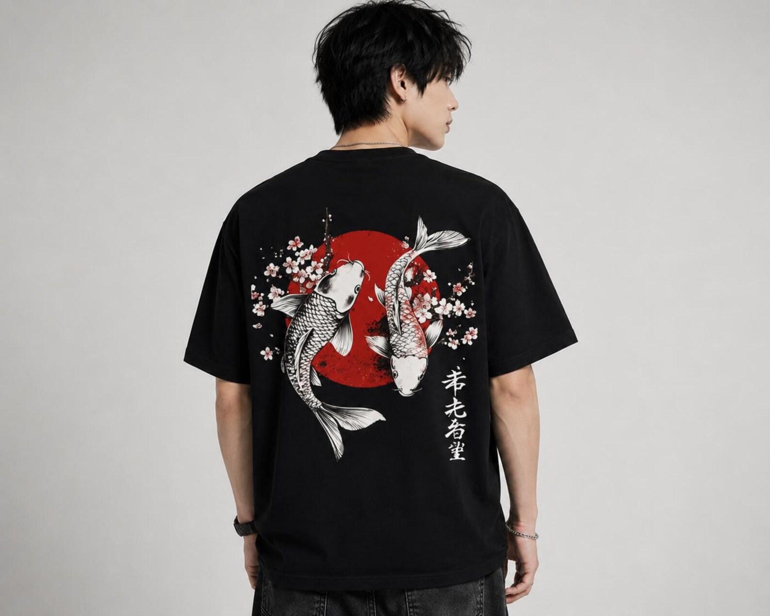 Crimson Current Koi Fish T-Shirt, Japanese Streetwear Tee, Anime Graphic Shirt, Red Sun Koi Design, Oversized Unisex Tee 2XL