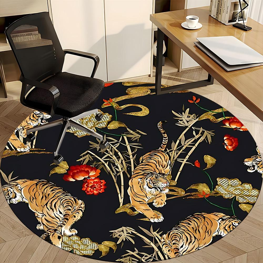 1pc Tiger Floral Pattern Office Round Rug, Non-slip, Soft and Durable Office Rug for Interior Decoration, Perfect for Office, Beautiful Decoration yy2
