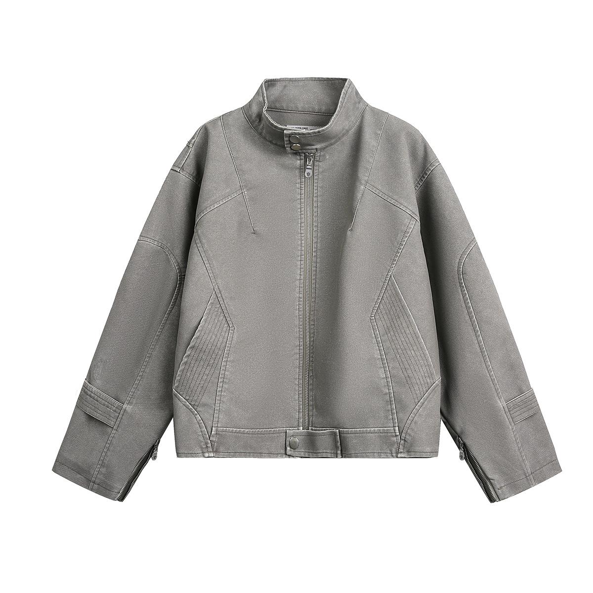 Trendy brand new American retro old money wind jacket structural splicing leather jacket loose locomotive jacket S