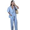 French Sweet Style Solid Vneck Bubble Sleeve Pantsuit With Tie For Summer Casual Wear
