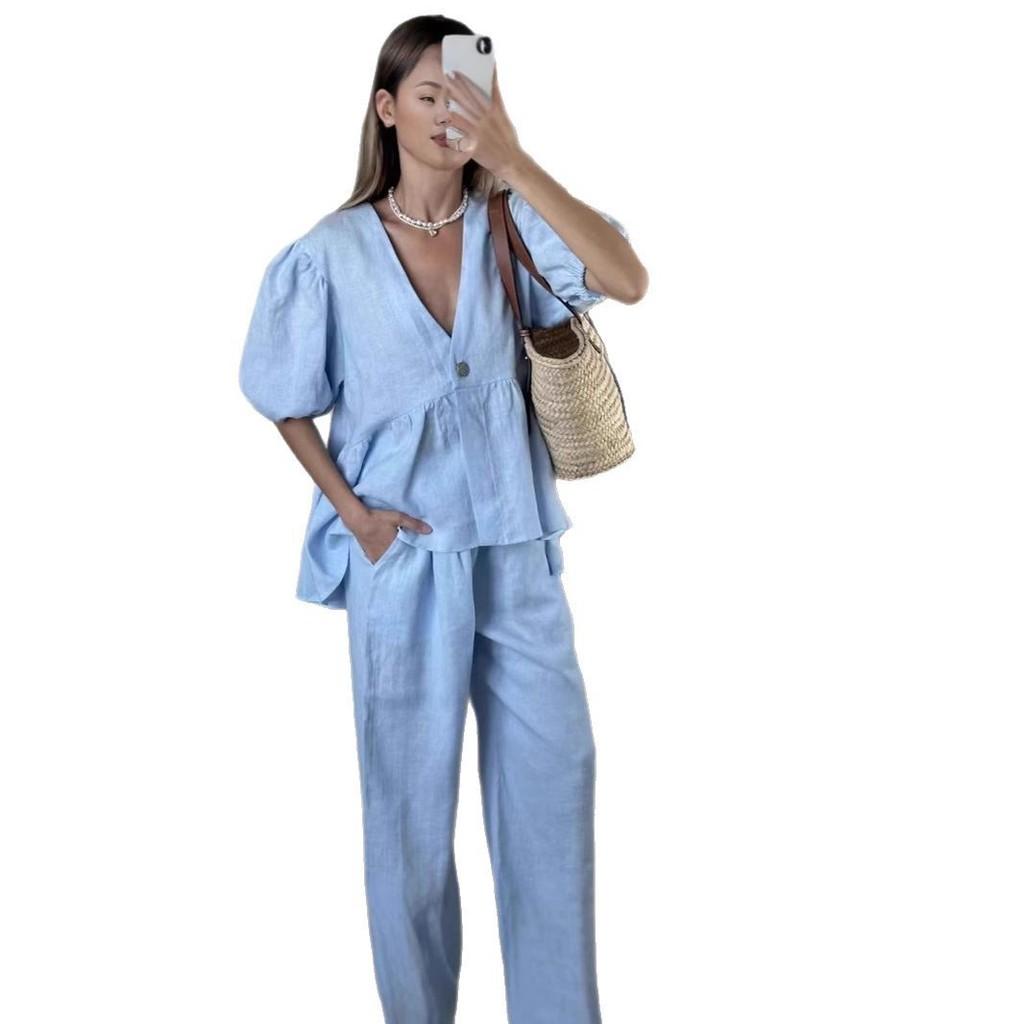 French Sweet Style Solid Vneck Bubble Sleeve Pantsuit With Tie For Summer Casual Wear