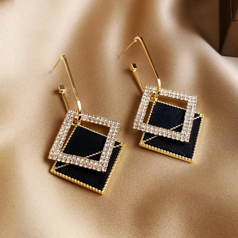 Accessories for Women Black Geometric Double Square Hoop Earrings for Women Statement Rhinestone Earring Jewelry Pendientes Muje