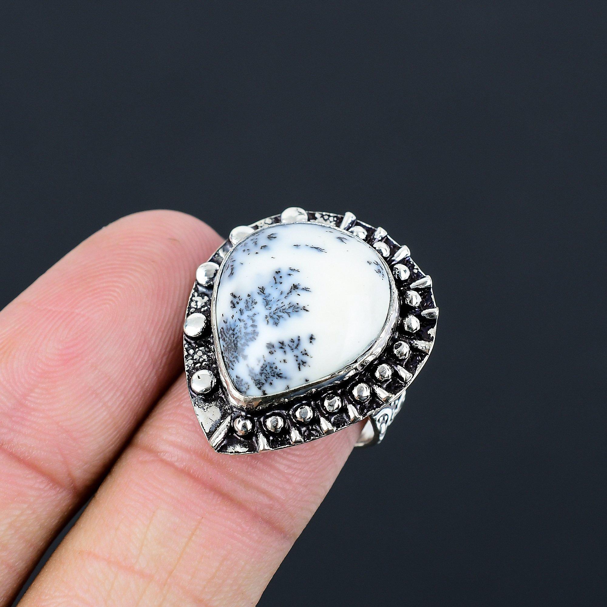 Dendrite Opal Stone Ethnic Unique Wife Promise Ring Size 7.5 925 Sterling Silver 7.5