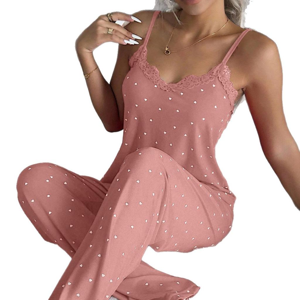 New 2026 Sleeveless Women's Red Heart Print Lace Camisole & Long Pants Pajama Set, Sexy Sleepwear for All Seasons