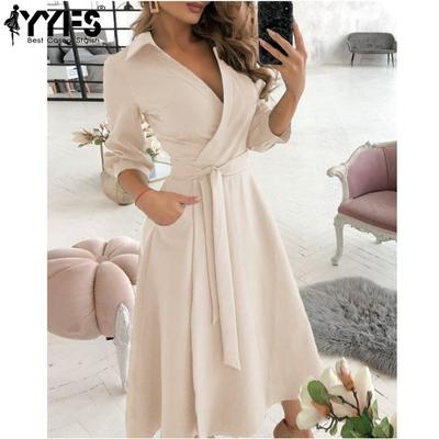 Women's Fashion Spring Fall Colour Block Print  Long Sleeve POLO Neck High Waist Casual Dresses