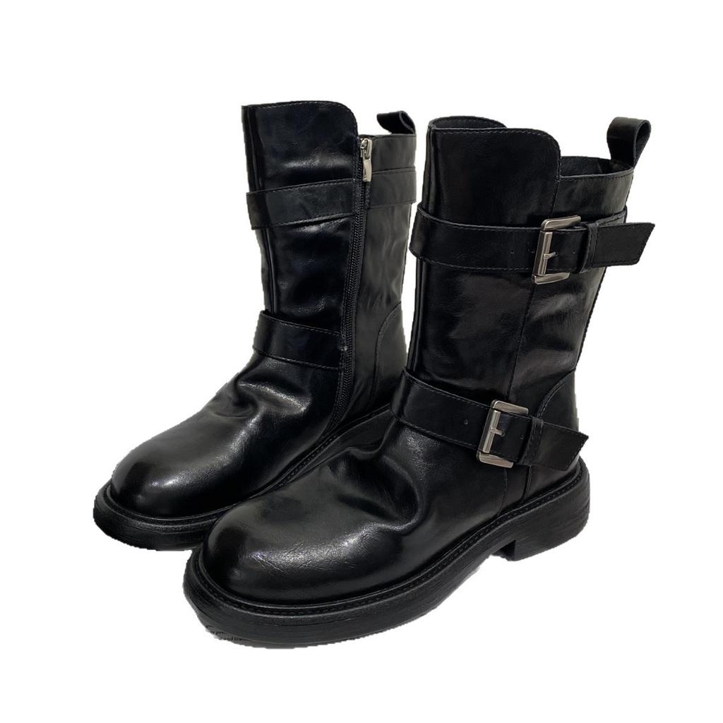 Yueyu Versatile Knight Martin Boots Women's Pleated Pile Boots European and American style thick heel round head double belt buckle locomotive boots