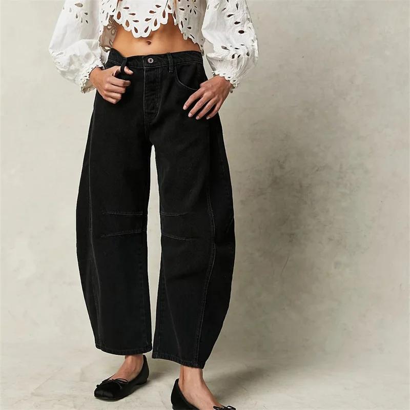 Women Vintage American Style Denim Jeans Knee Splicing Design Straight Pants Female Commuter Casual Loose Mid Waist Trousers