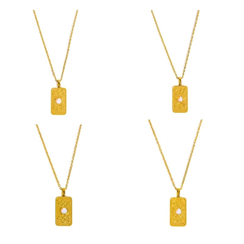 Stylish Gold Square Sun Moon Star World Pendant Necklace Accessory Eye Catching Clavicular Chain for Gathering Parties