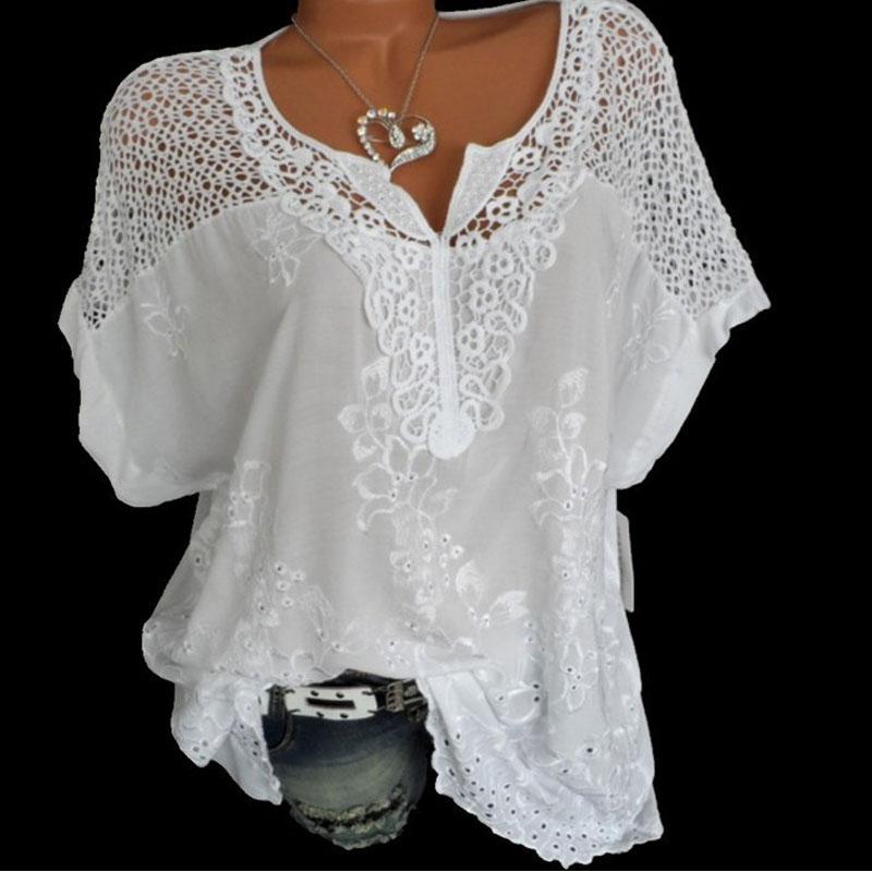 

Fashion women s lace V-neck embroidered short-sleeved hollow T-shirt shirt blouse women 9020 S білий