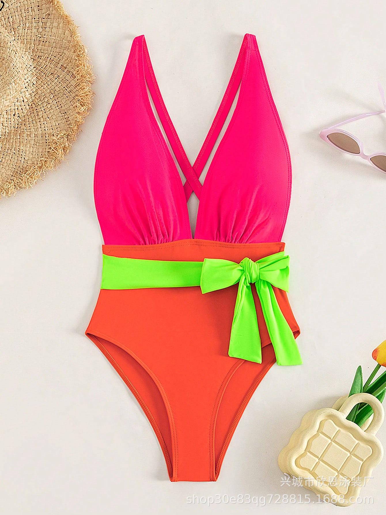 European and American sexy fashion contrasting color splicing multi-color one-piece women s swimsuit S разноцветный