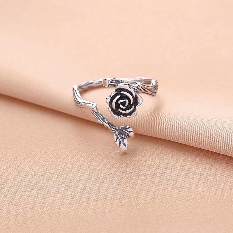 Chao Xiaobai Retro Aged Rose 925 Sterling Silver Ring - Simple and Elegant Japanese-Korean Design