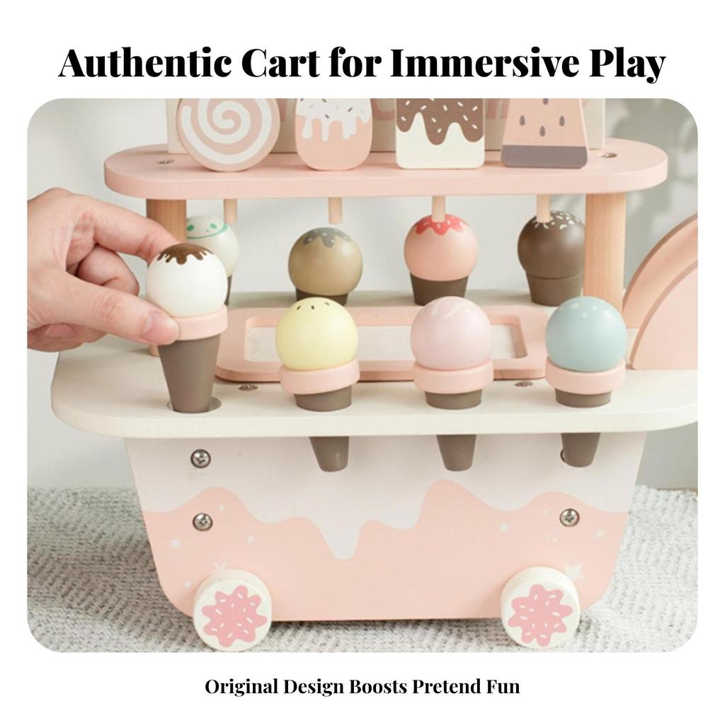 Pretend Ice Cream Cart Wheeled Wooden TwoLevel Play Treats Set for Kids