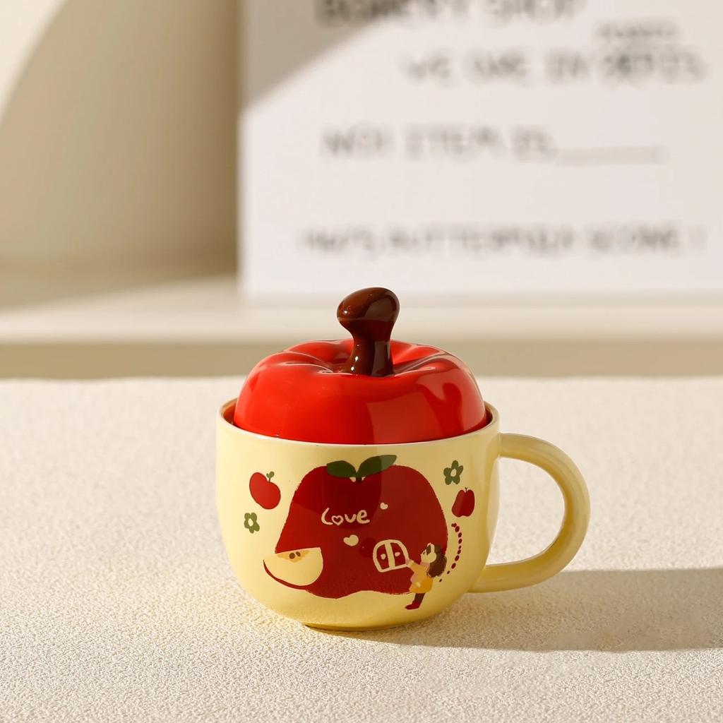 Niedliche Apfel-Keramiktasse mit Deckel Löffel Geschenkbox Kreative Haushalts-Wassertasse für Mädchen Super süße Souvenir-Geschenktasse