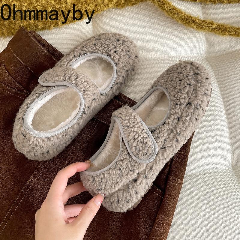 Warm Cotton Women Flats Shoes Comfort Soft Sole Short Plush Mary Jane Shoes Outdoor Furry Shoes For Autumn Winter