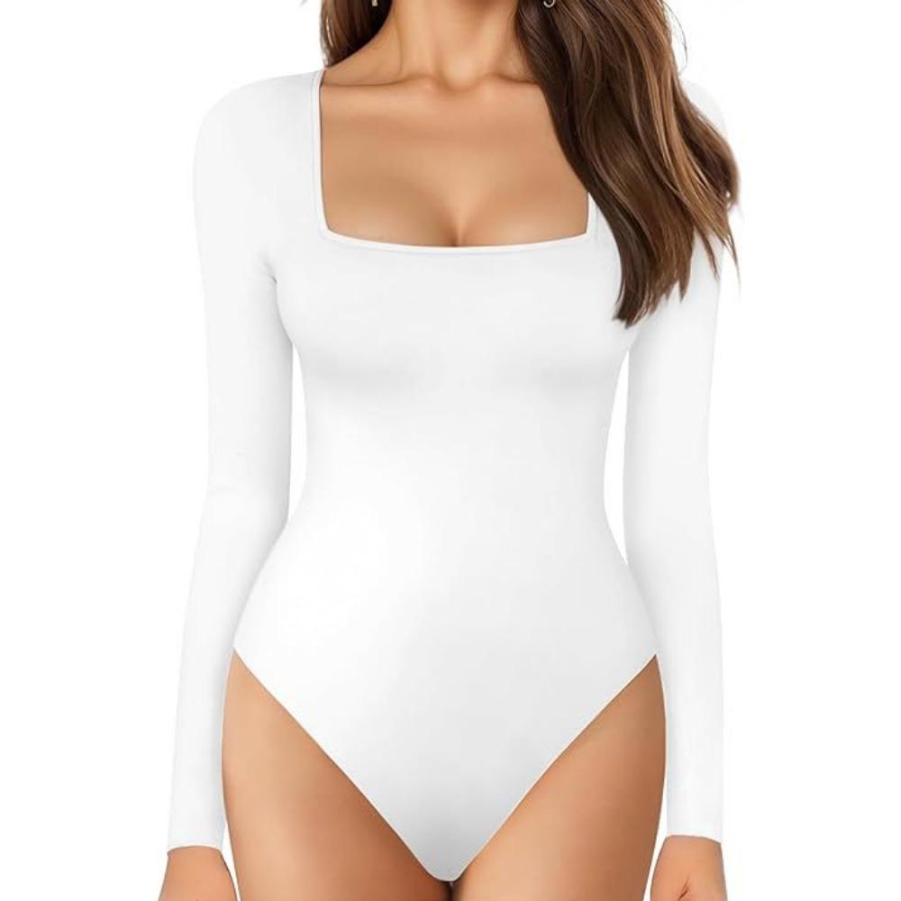 WTEMPO Womens Sexy Long Sleeve Shirts Square Neck Tops Dressy Casual Low Cut Fitted Bodysuits