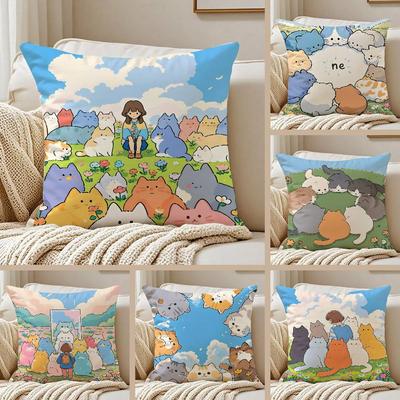 Cartoon Cute Cat Picture With Fresh Pillow Case Anti-dustmite Pillowcase Invisible Zipper Silky Short Plush Sofa Cushion Cover