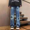 Unisex Korean Street-Style Elastic Waist Dark Star Jeans - Trendy, Loose Straight-Leg for Spring and Autumn