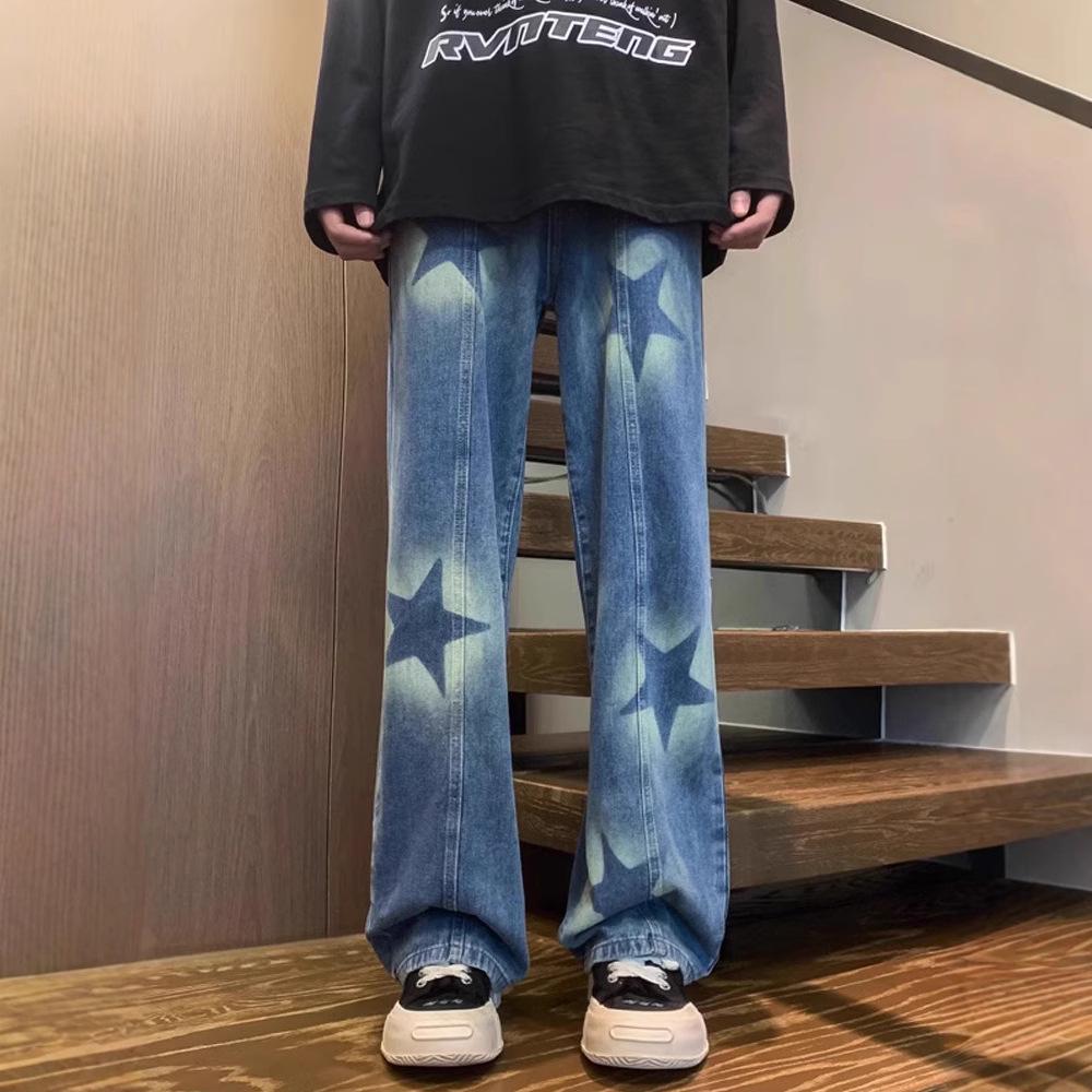 Unisex Korean Street-Style Elastic Waist Dark Star Jeans - Trendy, Loose Straight-Leg for Spring and Autumn