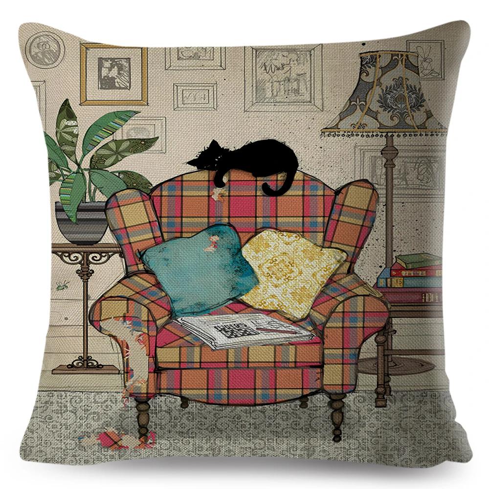 Cute Elegant Black Cat Cushion Cover Double Print Decor Cartoon Animal Pillow Case for Sofa Home Car Linen Throw Pillowcase