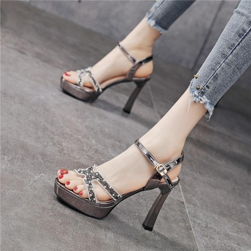 Waterproof Table Stiletto Non-slip Sandals Women's Summer 2025 New High Heels One-word Buckle Silver Banquet Women's Shoes