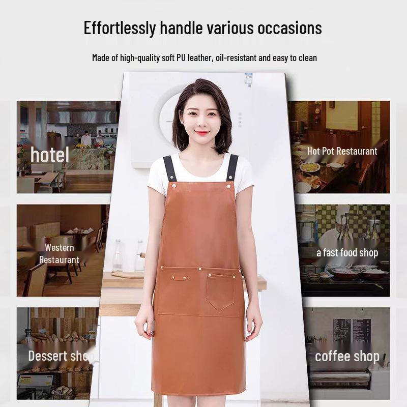 PU Soft Leather Waterproof Kitchen Apron, Oil-Proof, Wash-Free, Unisex Strap Waistband for Cooking and Catering.