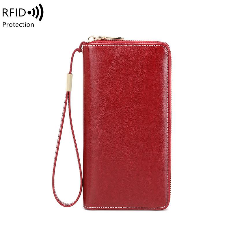 New anti-theft brush women's wallet oil wax leather long zipper wallet large capacity clutch