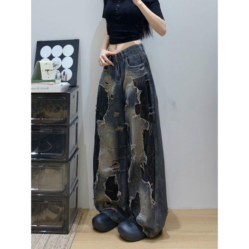 American Retro Black Tie-Dye Distressed Wide-Leg Ripped Jeans for Women - Trendy Spring Style S