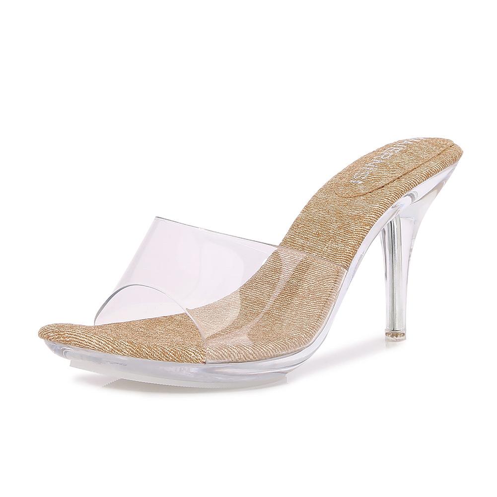 

Niche denim high heel sandals thin heel sexy summer fish mouth transparent crystal transparent versatile 43 коричневый