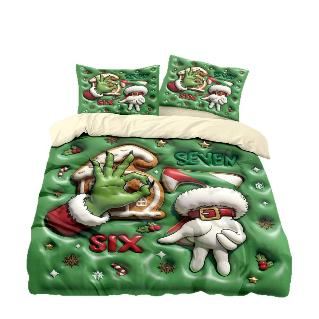 Bed Three-Piece Set Green Hair Monster Hand Pillow Cover Quilt Cover Digital Printing Bedding