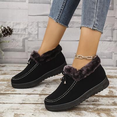 Women's Winter Plush-Lined Slip-On Boots with Faux Fur Collar Decorative Bells - High Quality Anti-Slip PU Sole, Soft Fabric Upper
