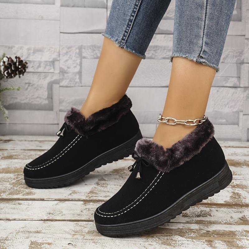 Women's Winter Plush-Lined Slip-On Boots with Faux Fur Collar Decorative Bells - High Quality Anti-Slip PU Sole, Soft Fabric Upper