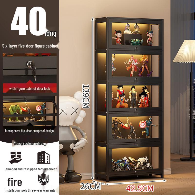 Acrylic Lockable Display Case with LED Lights for Figurines and Models, Dustproof Transparent Stand