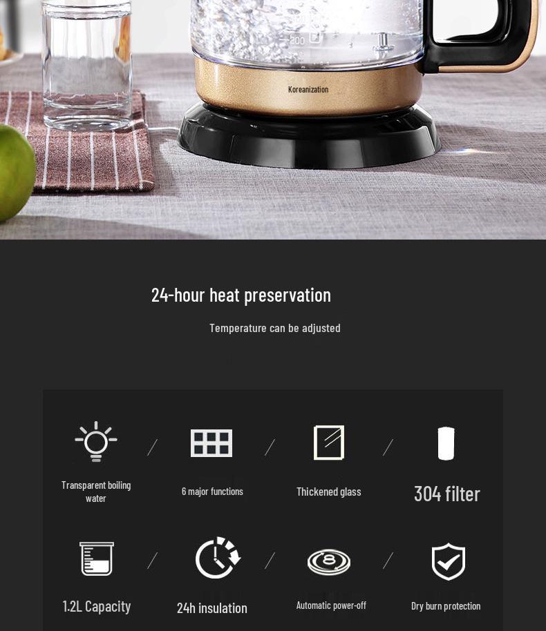 Korean Style Automatic Glass Kettle: Black & Flower Tea Maker, Multi-functional, Household.
