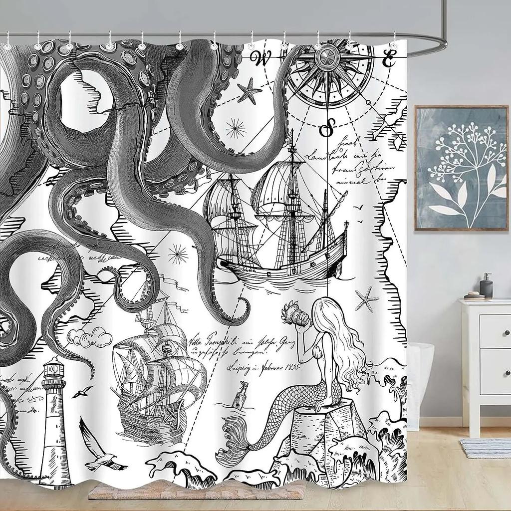 Funny Octopus Shower Curtains Marine Animal Mermaid Sailboat Vintage Nautical Map Bath Curtain Fabric Bathroom Decor with Hooks