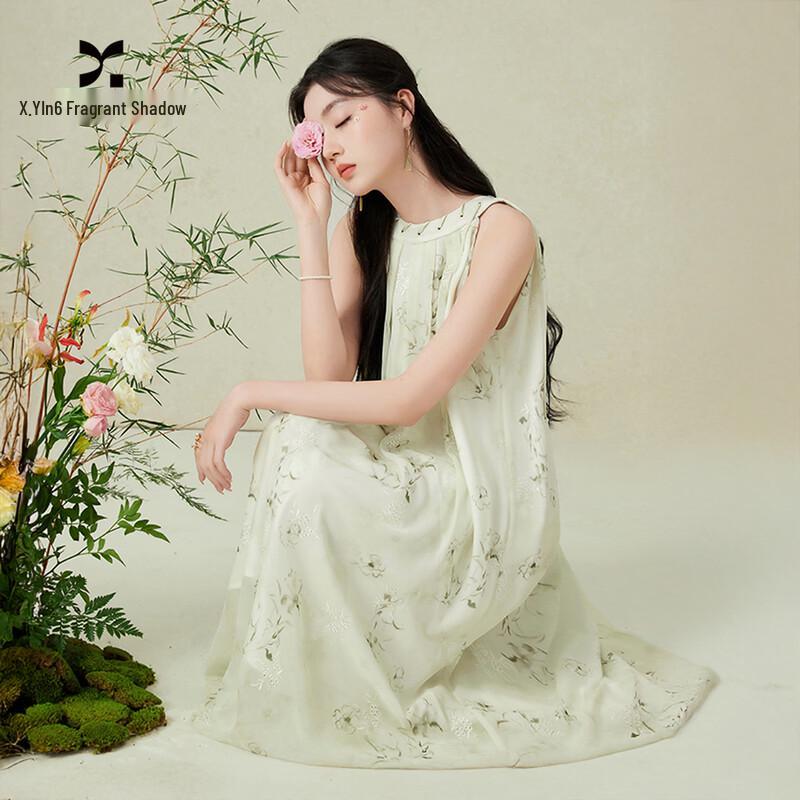 Xiangying Women s Green Halter A-Line Dress with Chinese Floral Print XL
