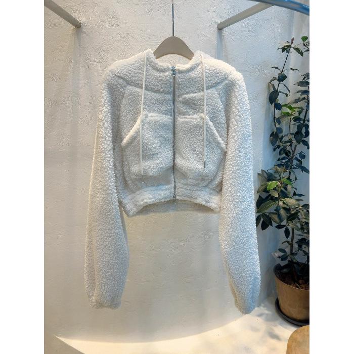 

Женское уютное пальто с капюшоном из овечьей шерсти Dongdaemun 2025 года — осень/зима, короткое, однотонное, молодежный дизайн S белый