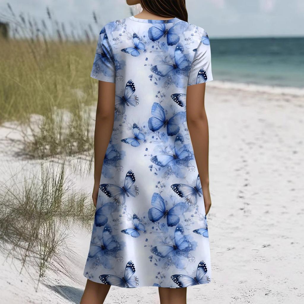 Short Sleeve Boho Dress For Women Casual Loose Fit Summer Sundress Floral Print Dress With Pockets