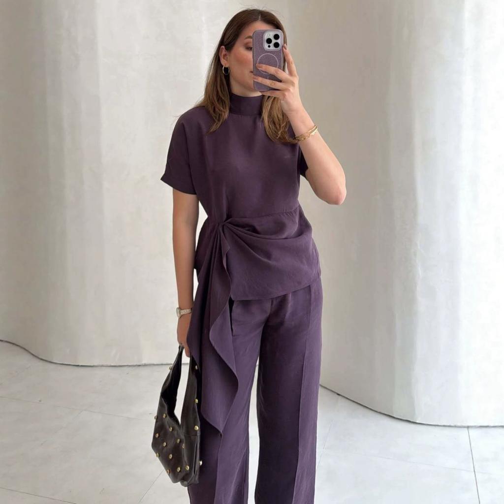 European and American Cross-border Amazon Independent Station Spring and Autumn New Short-sleeved Stand-up Collar Streamer Top Straight Trousers Set