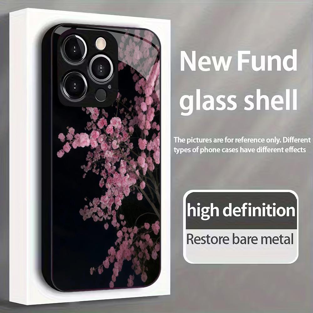 Cherry Blossom Tree Pattern Tempered Glass Phone Case Suitable for iPhone 17 16 15 14 13 12 11 Pro/Max/Plus Anti Drop Back Cover
