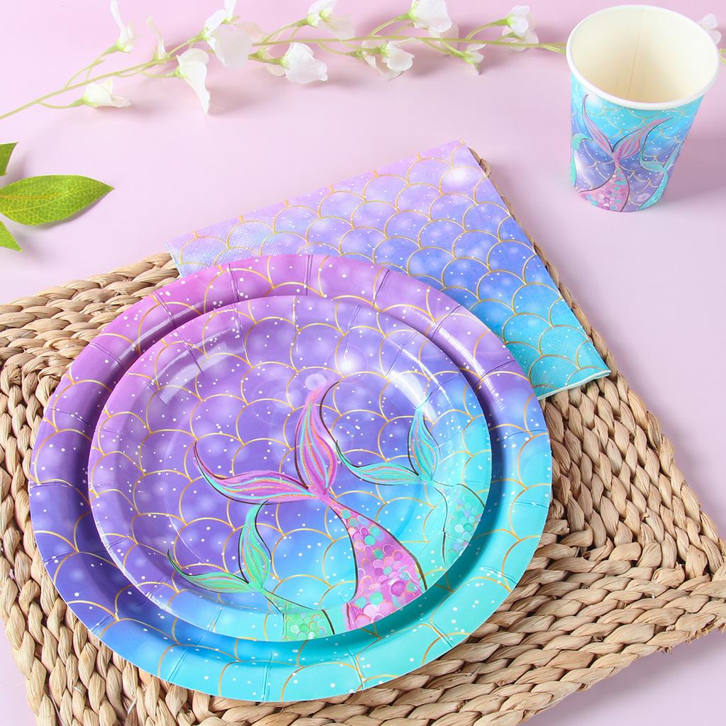 Mermaid Theme Birthday Party Decor Mermaid Disposable Tableware Paper Plates Cup Tablecloth For Girl Mermaid Party Decoration